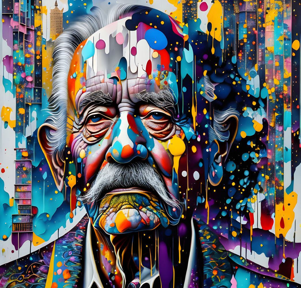 Colorful graffiti-style portrait of elderly man with mustache and urban elements