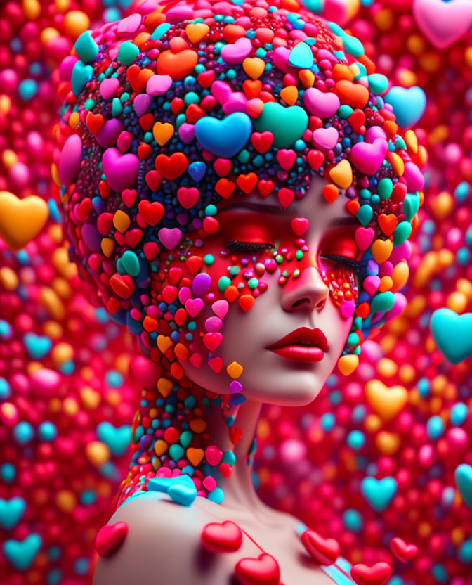 Colorful Hearts Digital Artwork with Figure and Heart-Shaped Teardrops