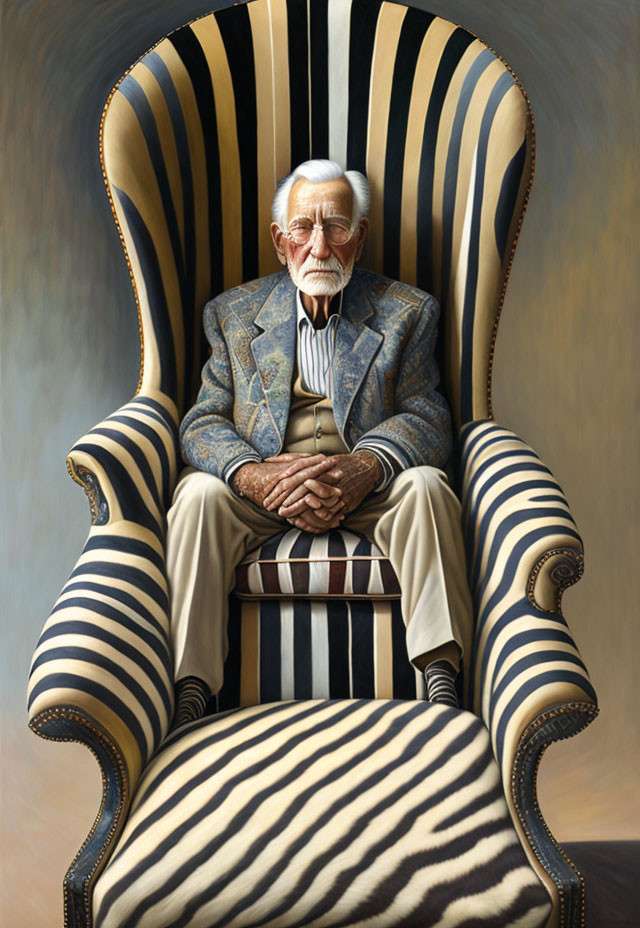 Elderly man in patterned suit blends with large armchair