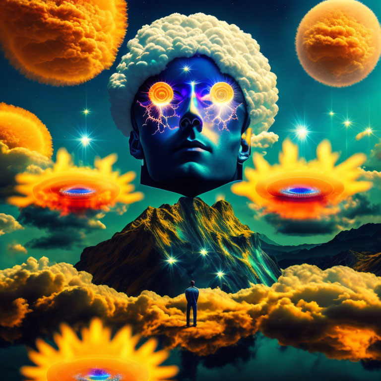 Person with glowing mind against mountain backdrop and eye-like suns in surreal image