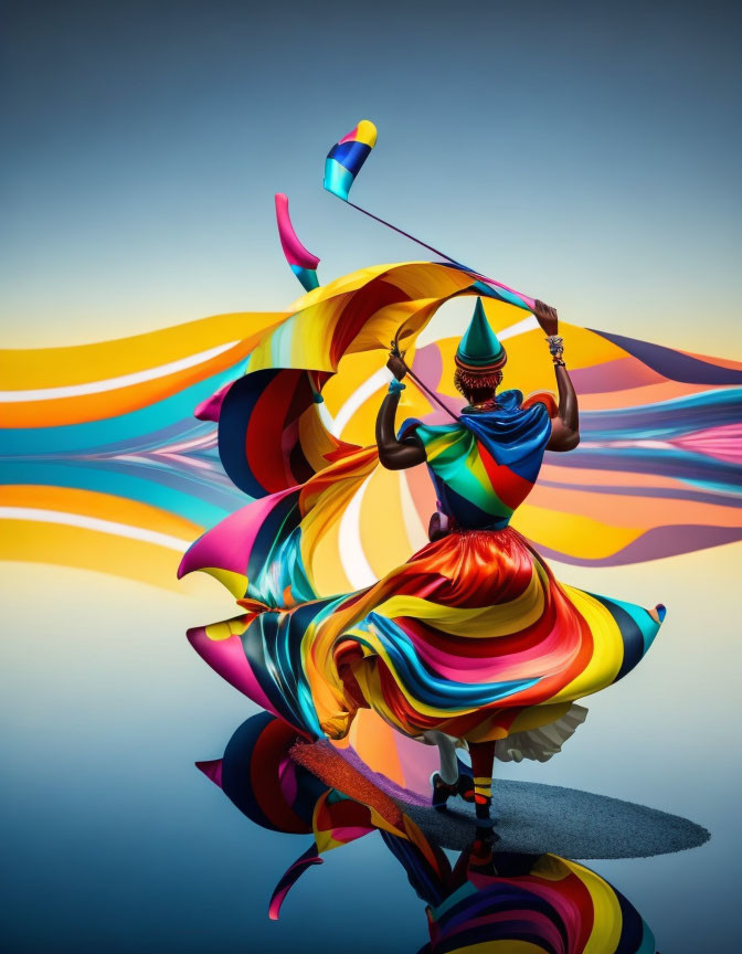 Colorful Figure in Swirling Costume Against Blue Background