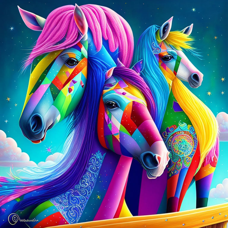 Colorful Stylized Horses with Rainbow Patterns and Starry Background