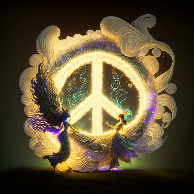 Ethereal figures create luminous peace symbol in magical scene