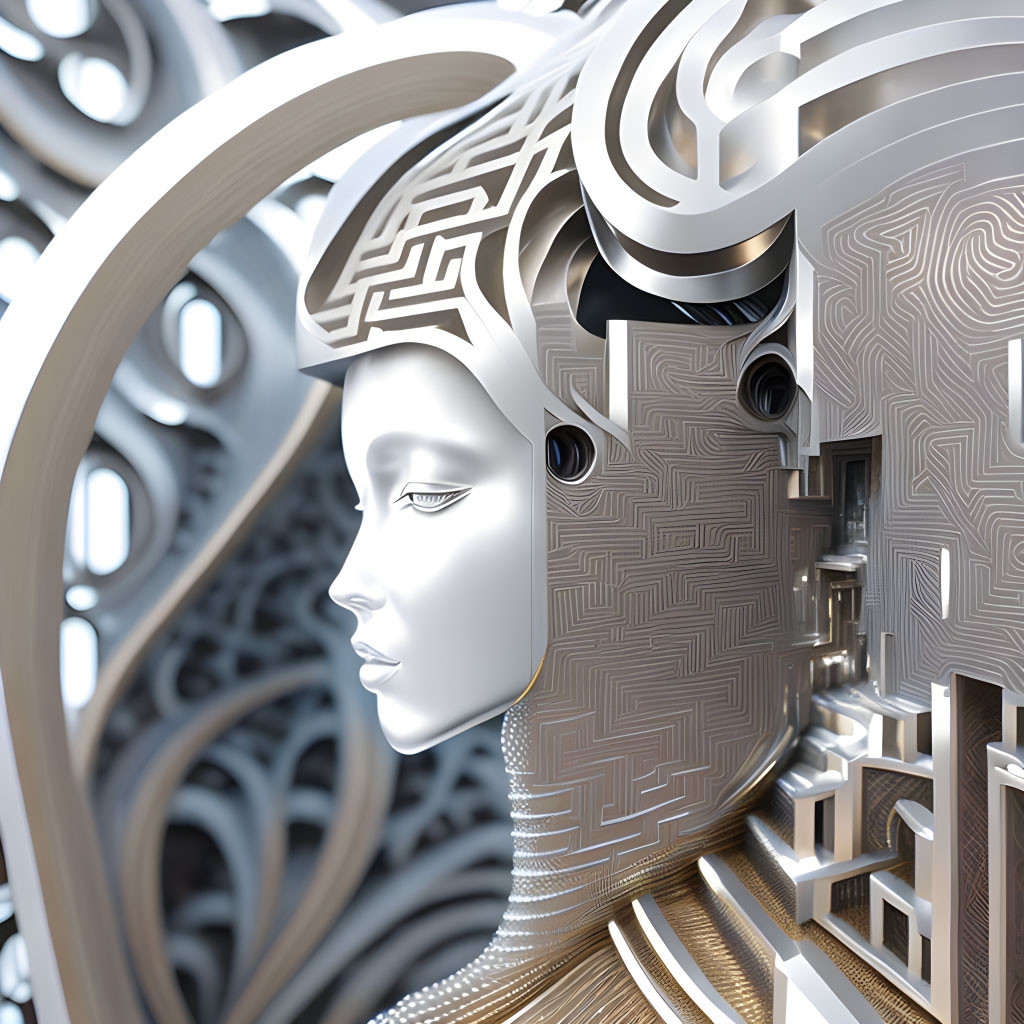 Female figure with mechanical elements and circuit patterns in 3D art