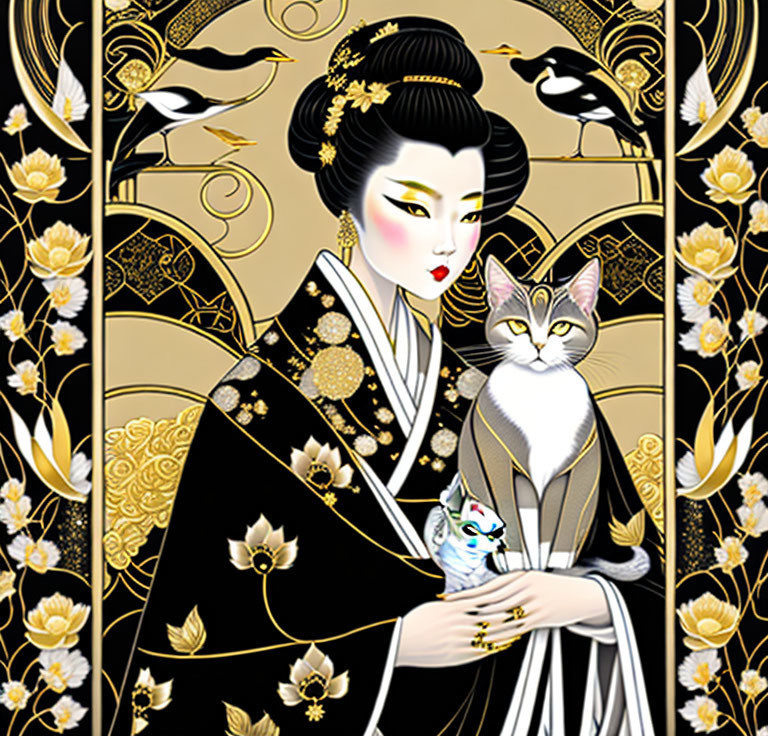 Geisha with Cat in Gold and Black Floral Setting