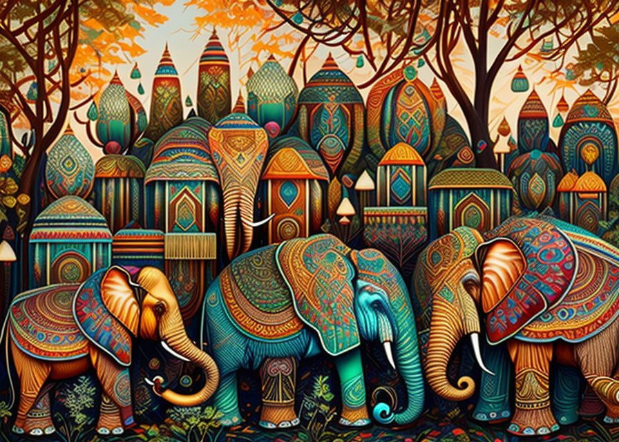 Colorful Illustration: Decorated Elephants in Whimsical Forest