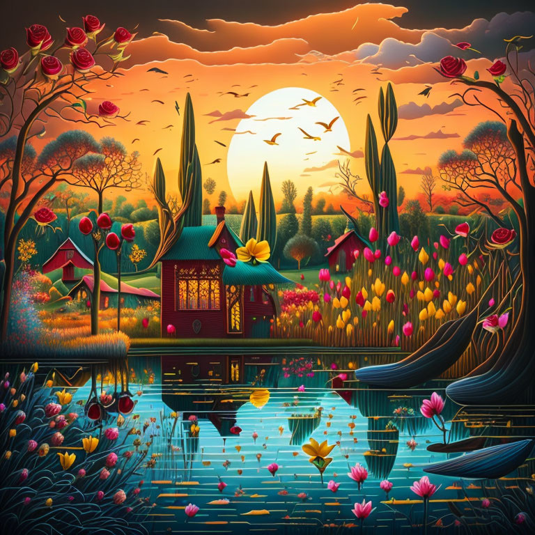 Colorful Fantastical Landscape with Quaint House by Lake