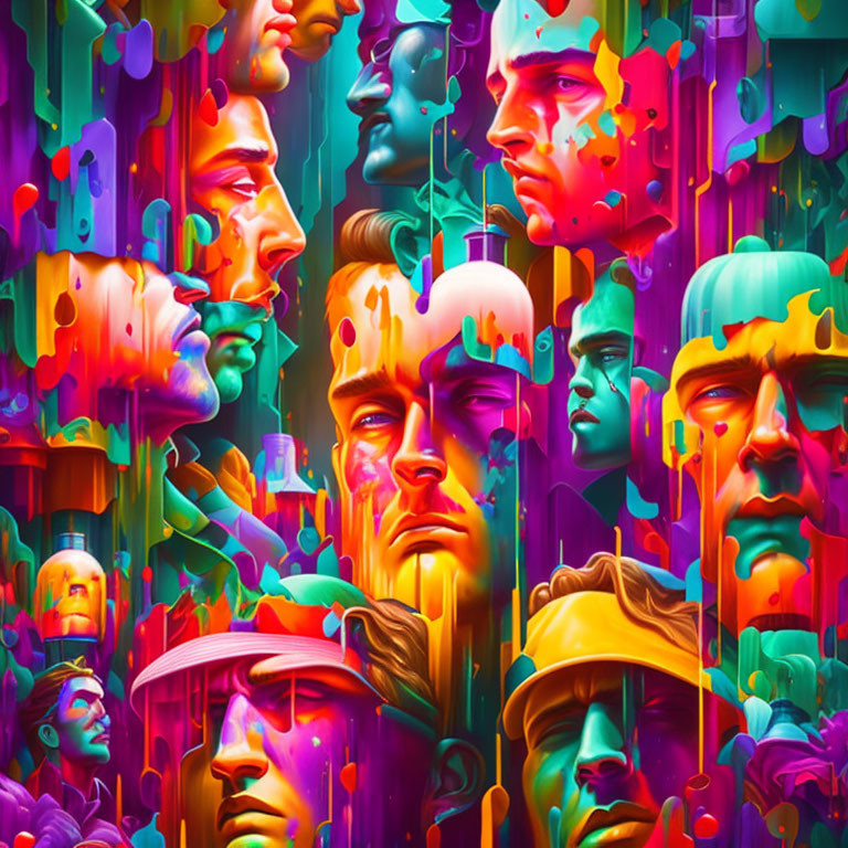 Colorful digital artwork: Overlapping faces with vibrant drips