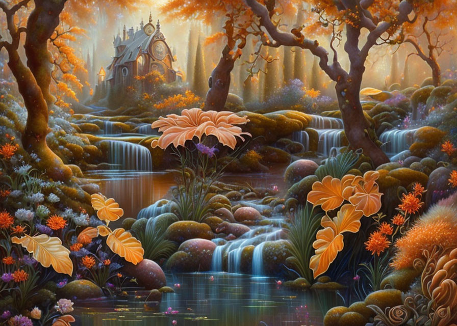 Fantasy landscape with waterfalls, cottage, flowers, and magical light