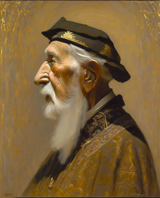 Elderly man in dark cap and ornate robe gazes contemplatively.