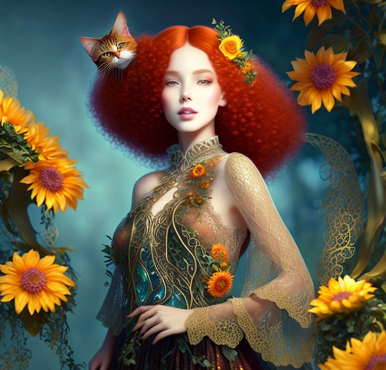 Digital Artwork: Woman with Red Curly Hair, Flowers, and Cat on Shoulder