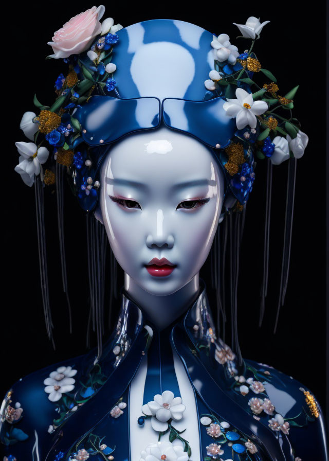 Porcelain figure in blue headpiece and floral outfit on black background