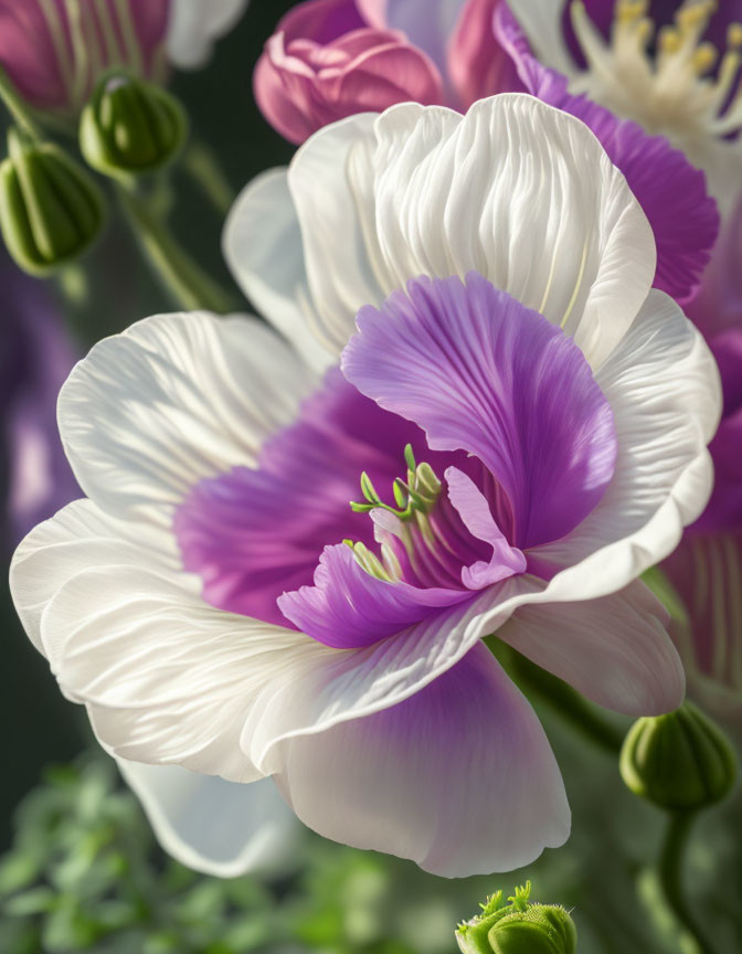 Vibrant white and purple flowers with delicate petals on soft-focus background