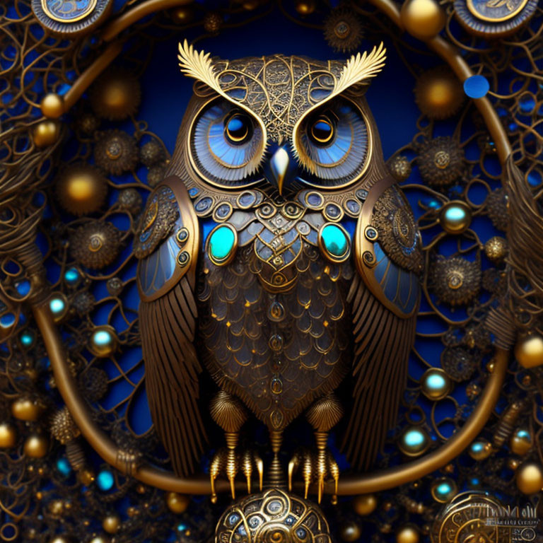 Stylized digital artwork of ornate owl with golden patterns and turquoise accents on mandala background