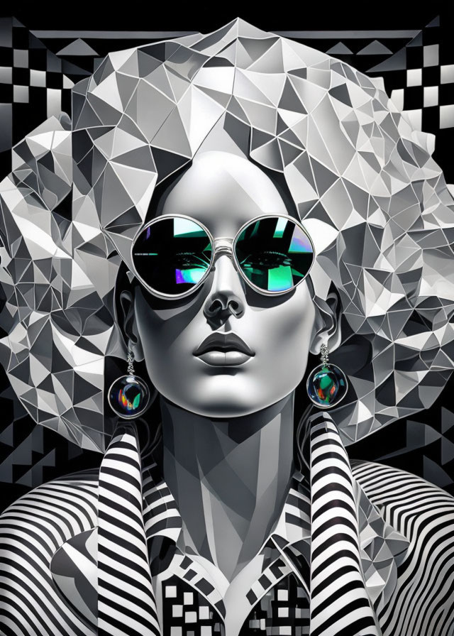 Monochrome portrait of woman in geometric patterns, striped attire, and reflective sunglasses.