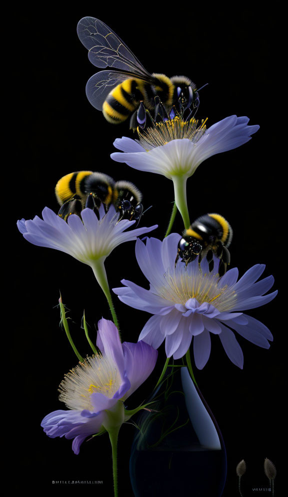 Three bees on pale blue flowers with yellow centers on dark background.