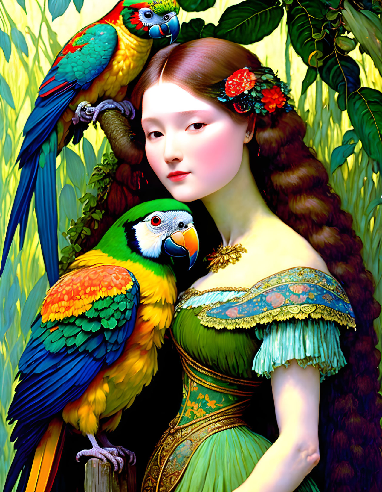 Digital artwork: Woman in green dress with parrots