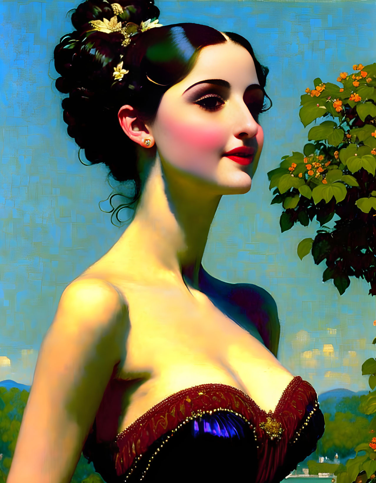 Illustrated woman with dark hair in red dress amid vibrant nature.