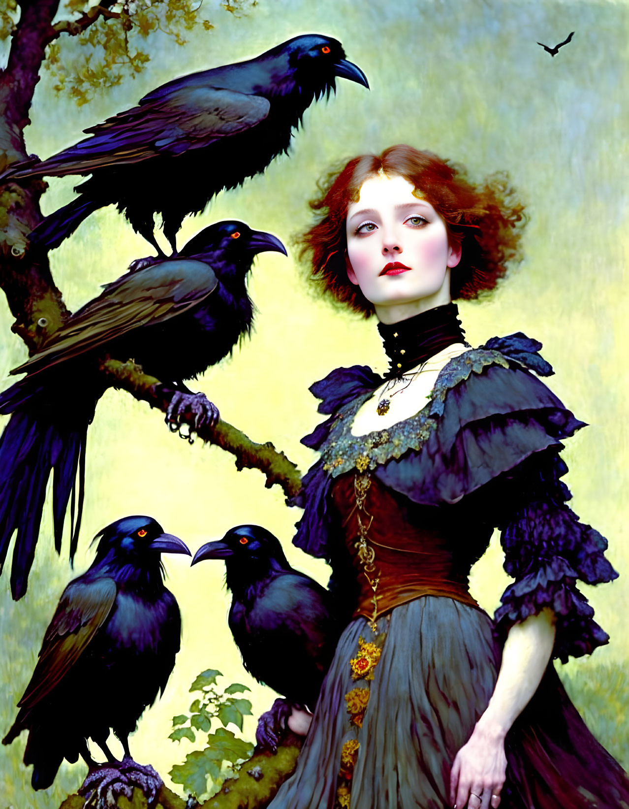 Victorian woman with ravens on pastel background.