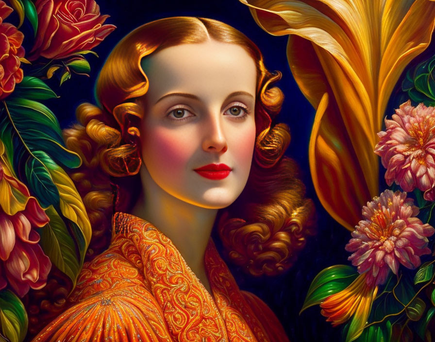 Digitally-Enhanced Portrait of Woman with Golden Hair and Floral Background