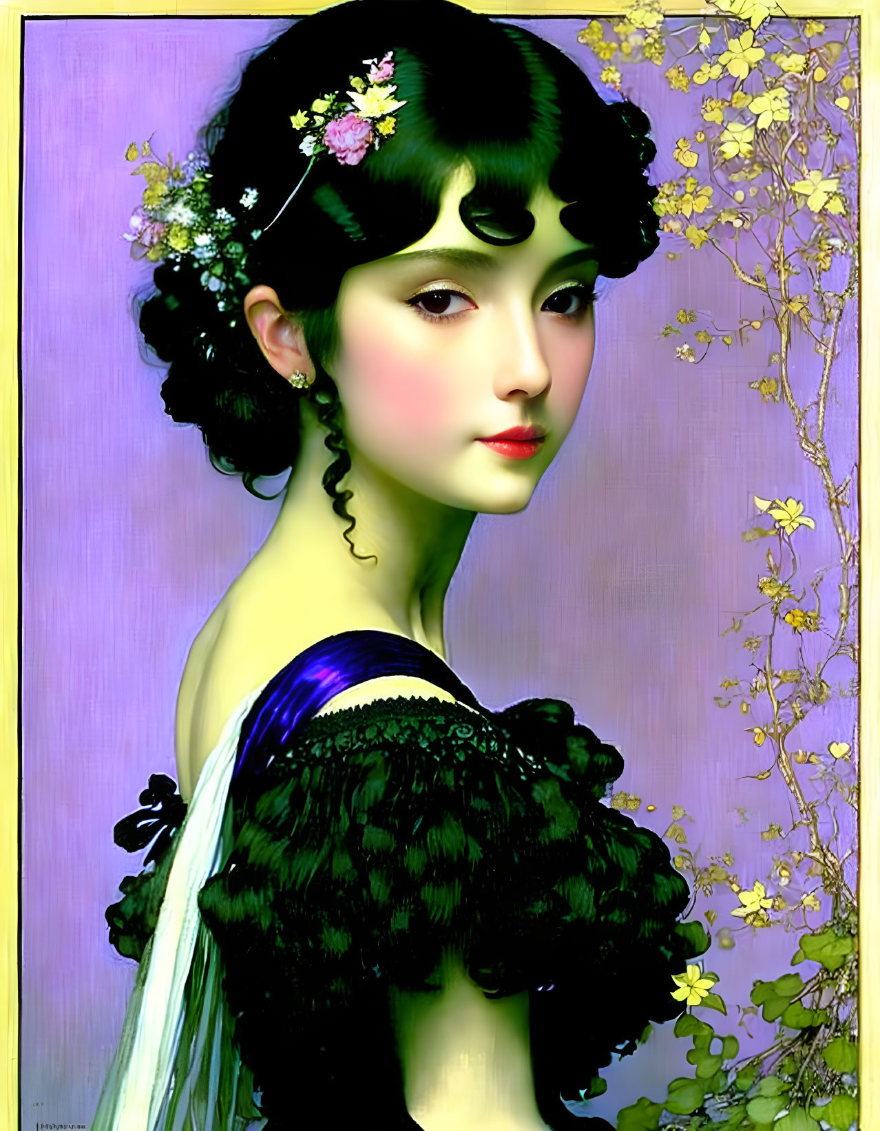 Illustrated portrait of woman with black hair, floral adornments, black dress, blue sash,