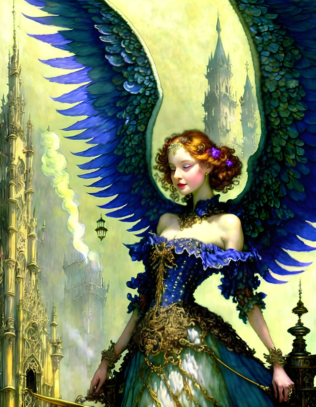 Woman with Blue & Yellow Wings in Regal Dress at Fantasy Castle