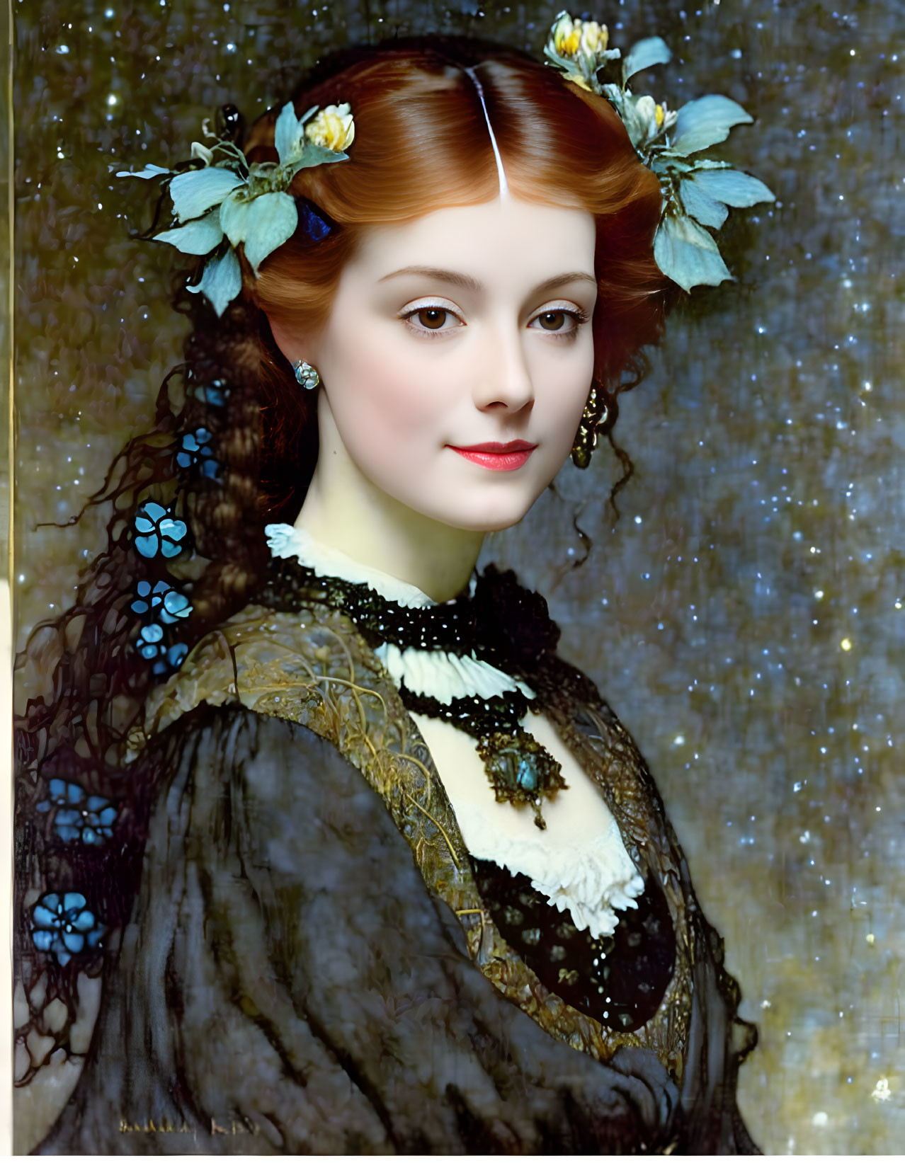 Portrait of woman with auburn hair and blue flower hair accessories in black and cream dress on star