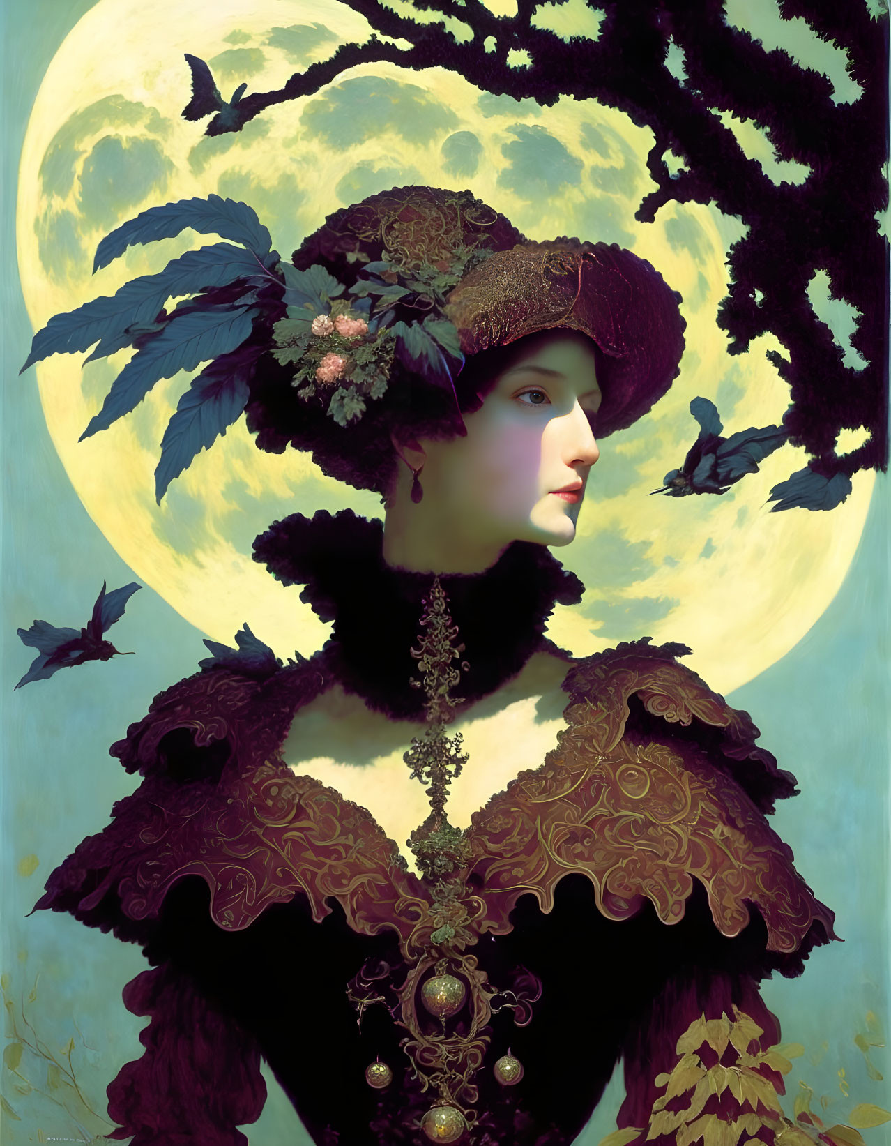 Victorian-era woman in ornate hat and dress with moon and silhouetted birds.