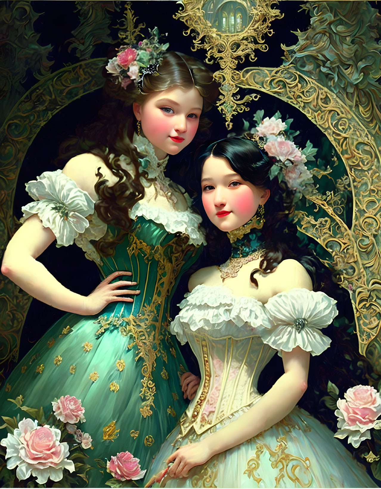 Vintage ornate dresses: Two women with floral decorations, mirror reflection.