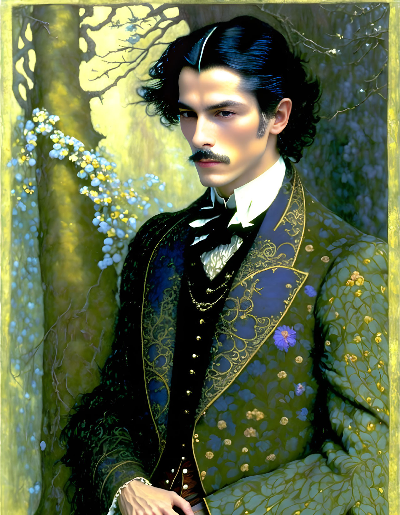 Stylized portrait of a man in vintage suit with floral patterns