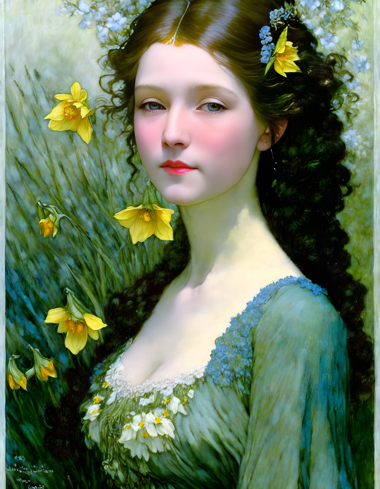 Portrait of Woman with Dark Hair and Rosy Cheeks Among Yellow Flowers in Blue Floral Dress