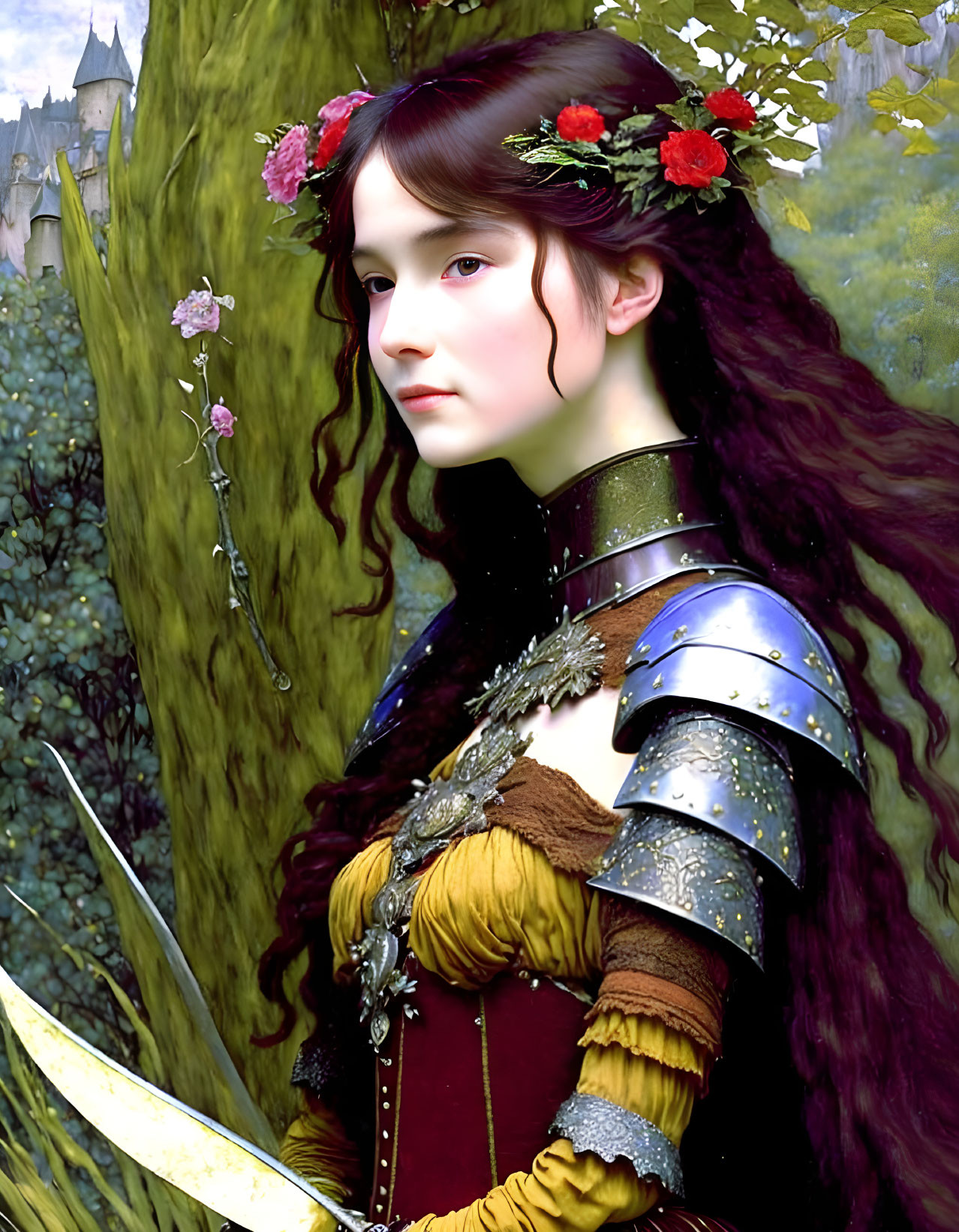 Medieval-themed artwork of a woman in armor with a sword and floral crown by a castle.