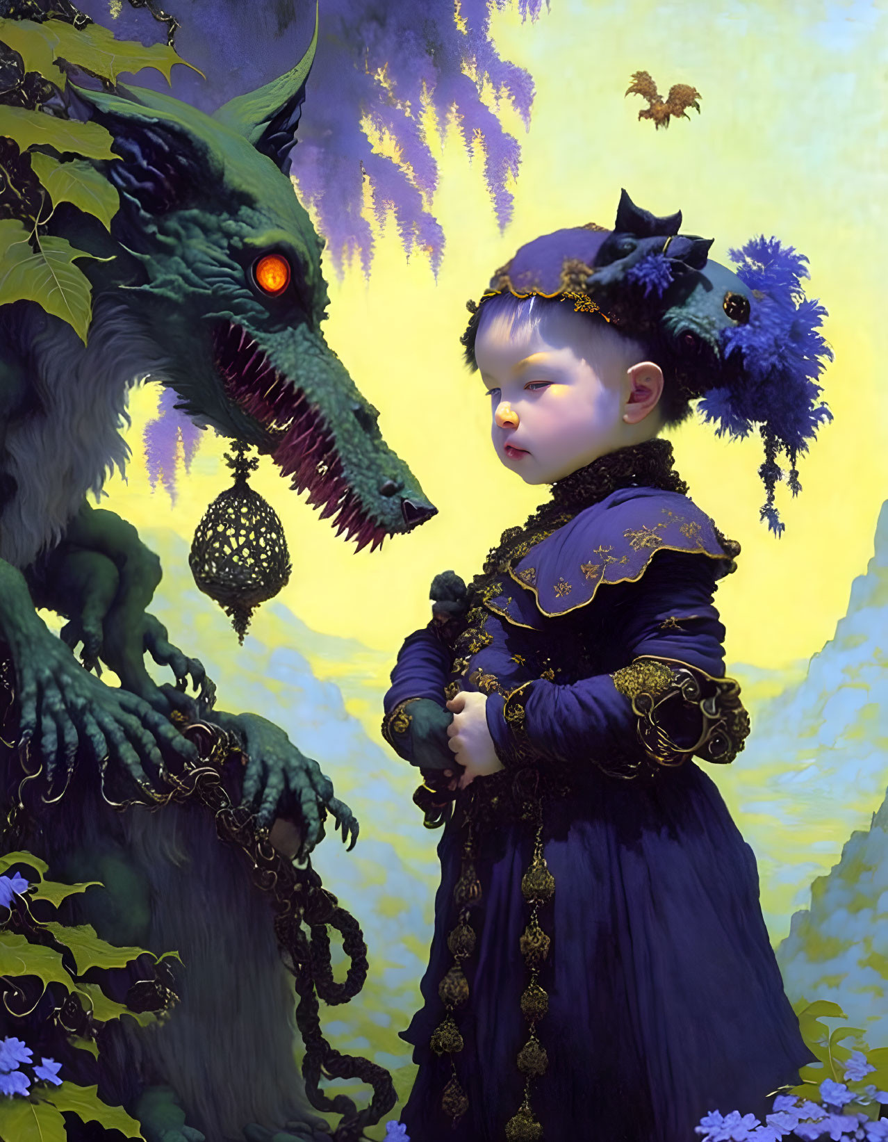 Stoic child faces green dragon in regal attire