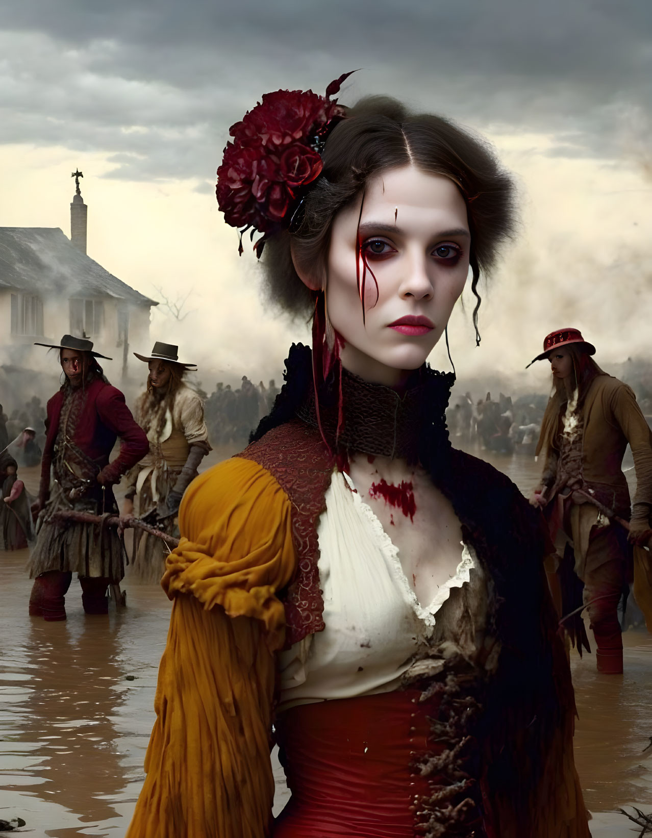 Pale-skinned woman with blood-red eyes and flower in hair against historical figures backdrop