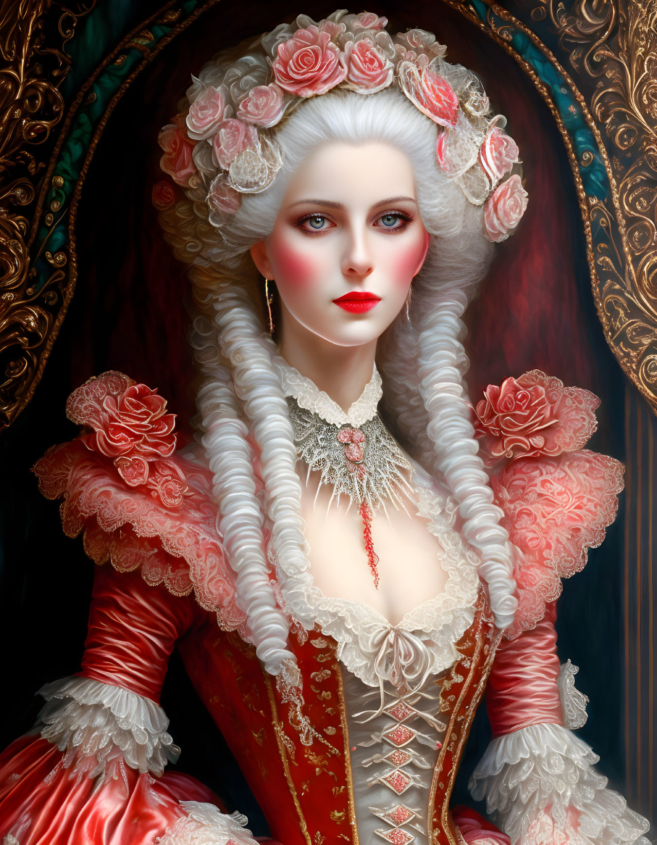 Elaborate Baroque Style Portrait of Woman with Roses and White Curls