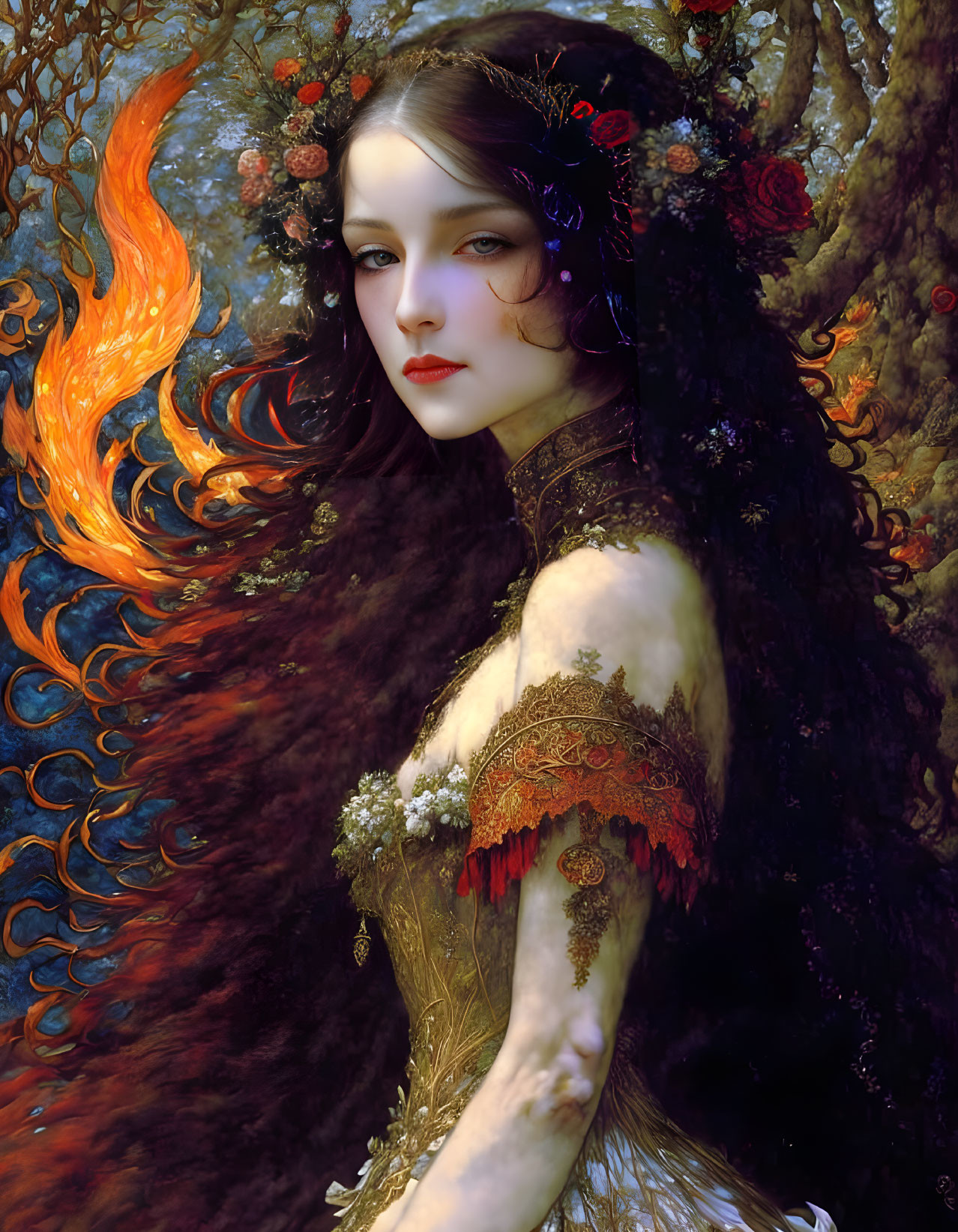 Illustrated woman with mystical aura in ornate dress and floral hair decorations.