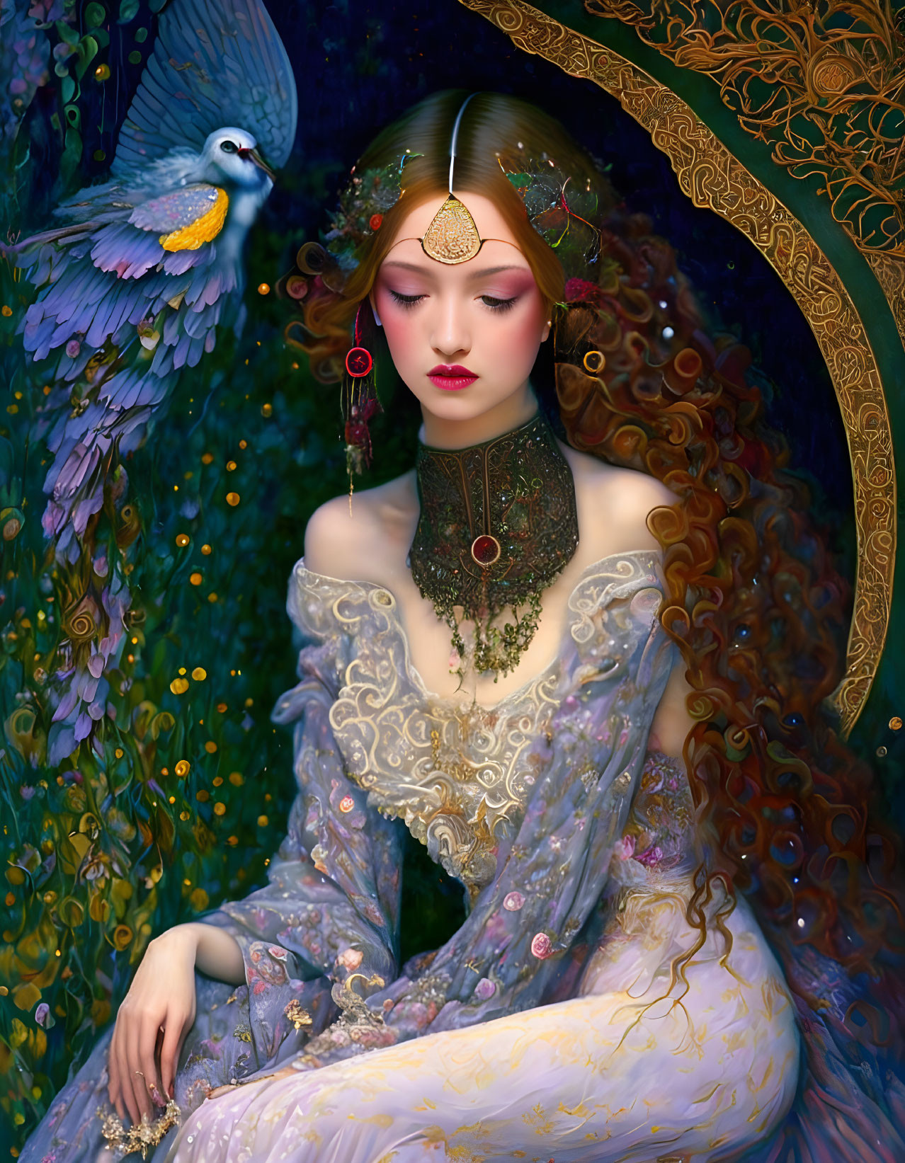 Auburn-haired woman in golden adornments with peacock in lush setting