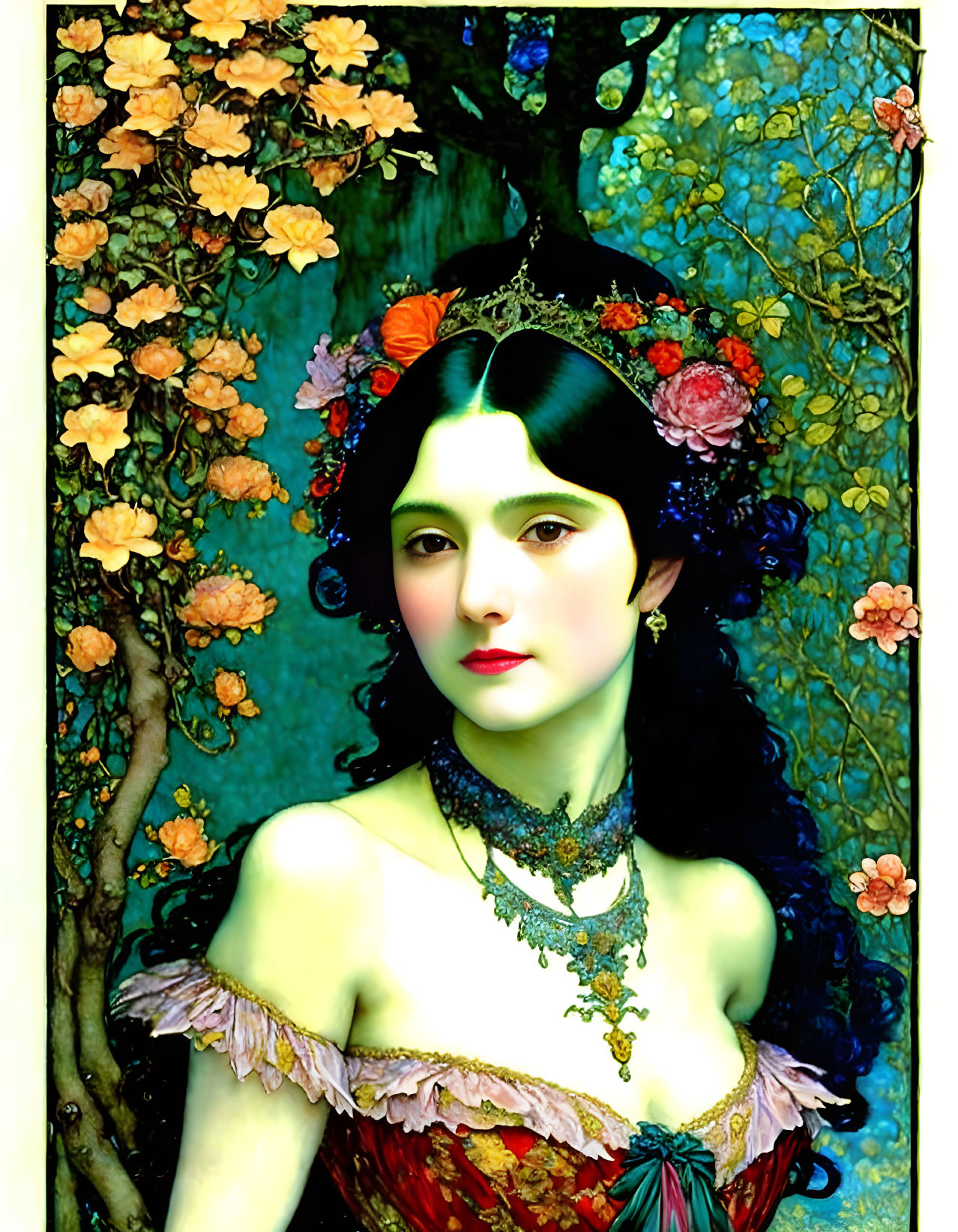 Stylized portrait of woman with floral crown and vibrant nature backdrop