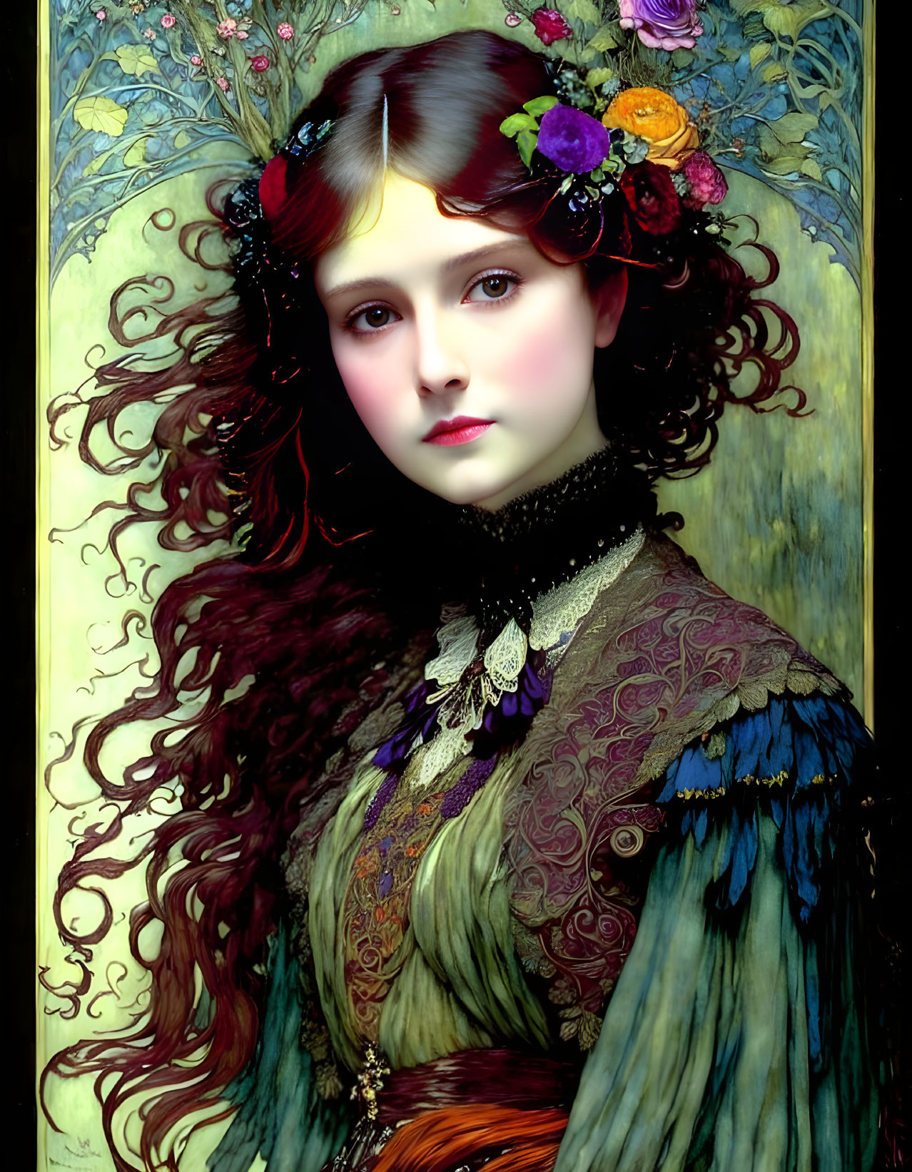 Detailed painting: Woman with auburn hair, adorned with flowers and feathers, in vintage high-c