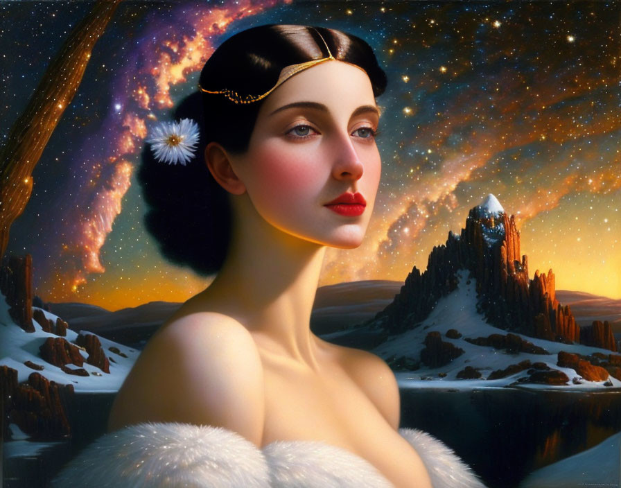 Digital artwork: Woman with cosmic background, black headband, white fur, fantasy castle and lake scene