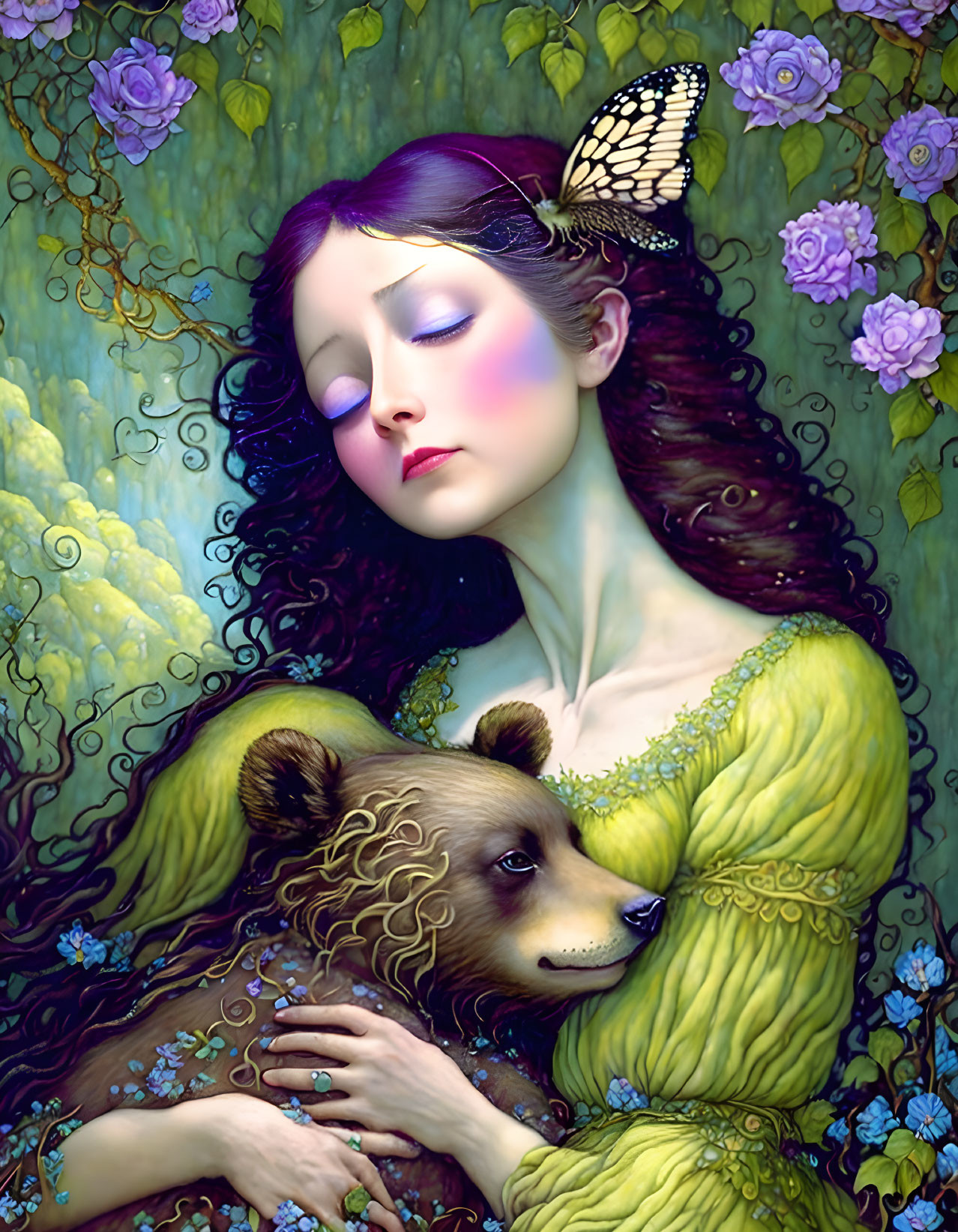 Woman in green dress with bear, violet flowers, and butterfly.