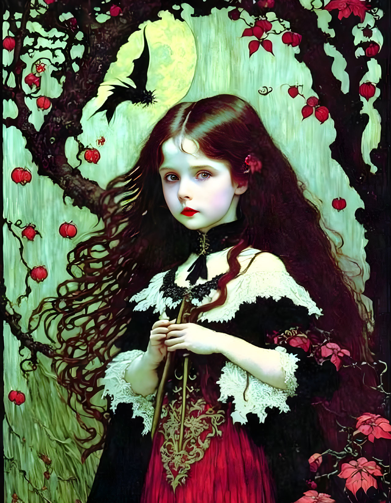 Young girl with staff by twisted tree and yellow moon