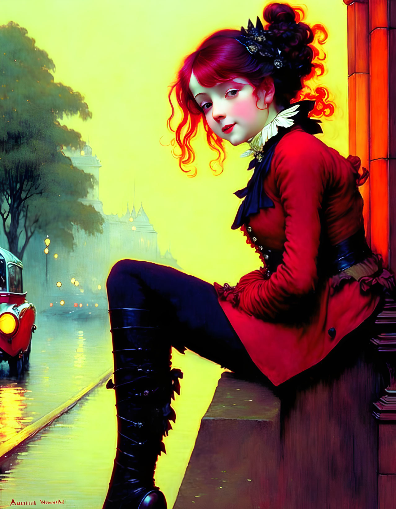 Illustration of woman with red hair in Victorian outfit at twilight