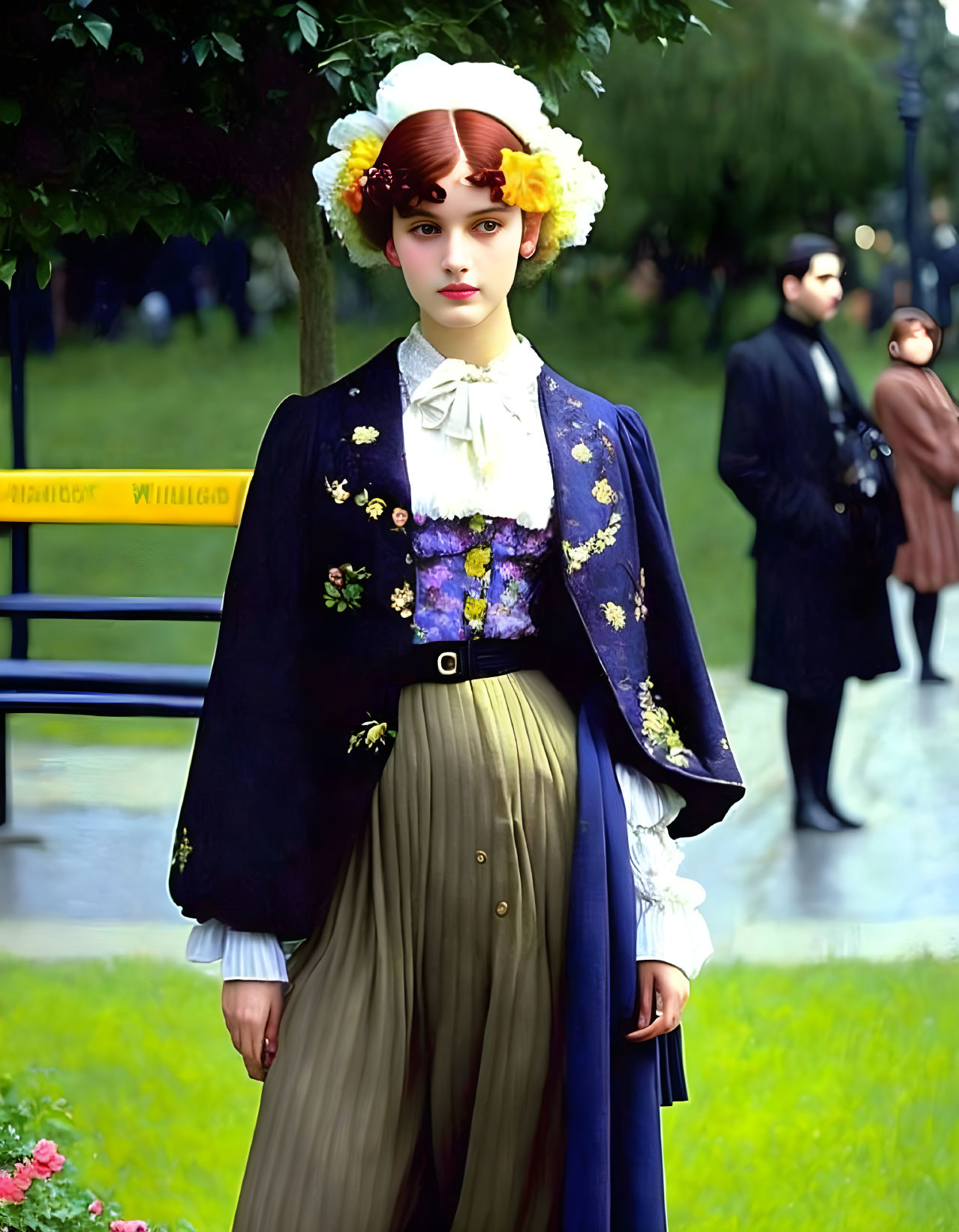 Traditional folk attire woman with floral headpiece in park scene.