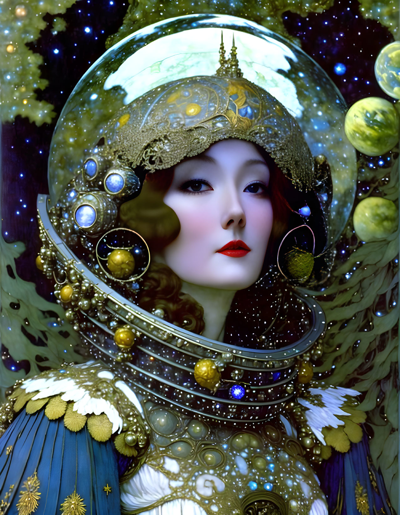 Woman in ornate space-inspired helmet with planets and stars and gold and blue jewels symbolizing cosmic royalty