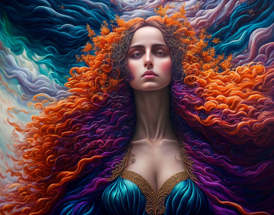 Vivid depiction of a woman with fiery orange hair in a colorful setting