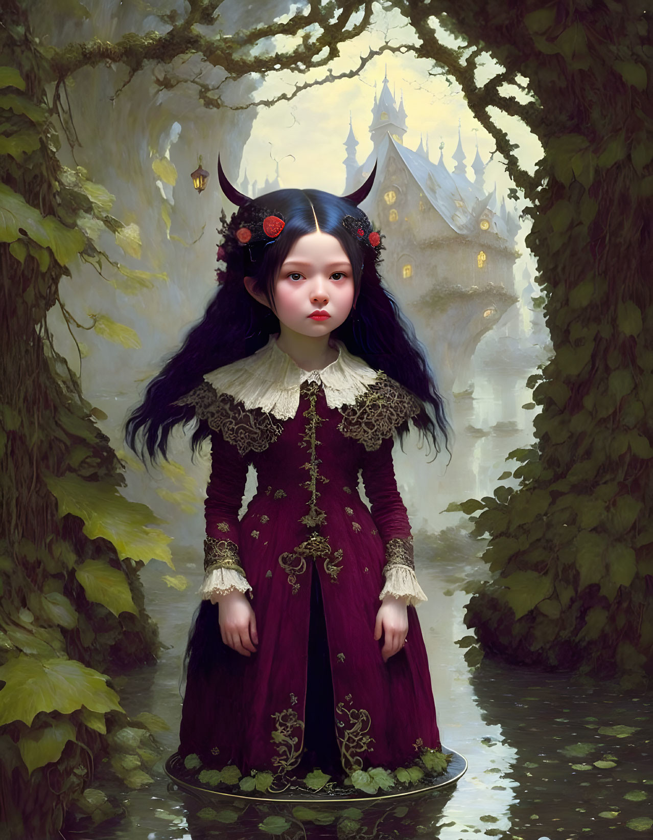 Fantasy illustration of girl with horns in boat, burgundy dress, forested waterway, castle