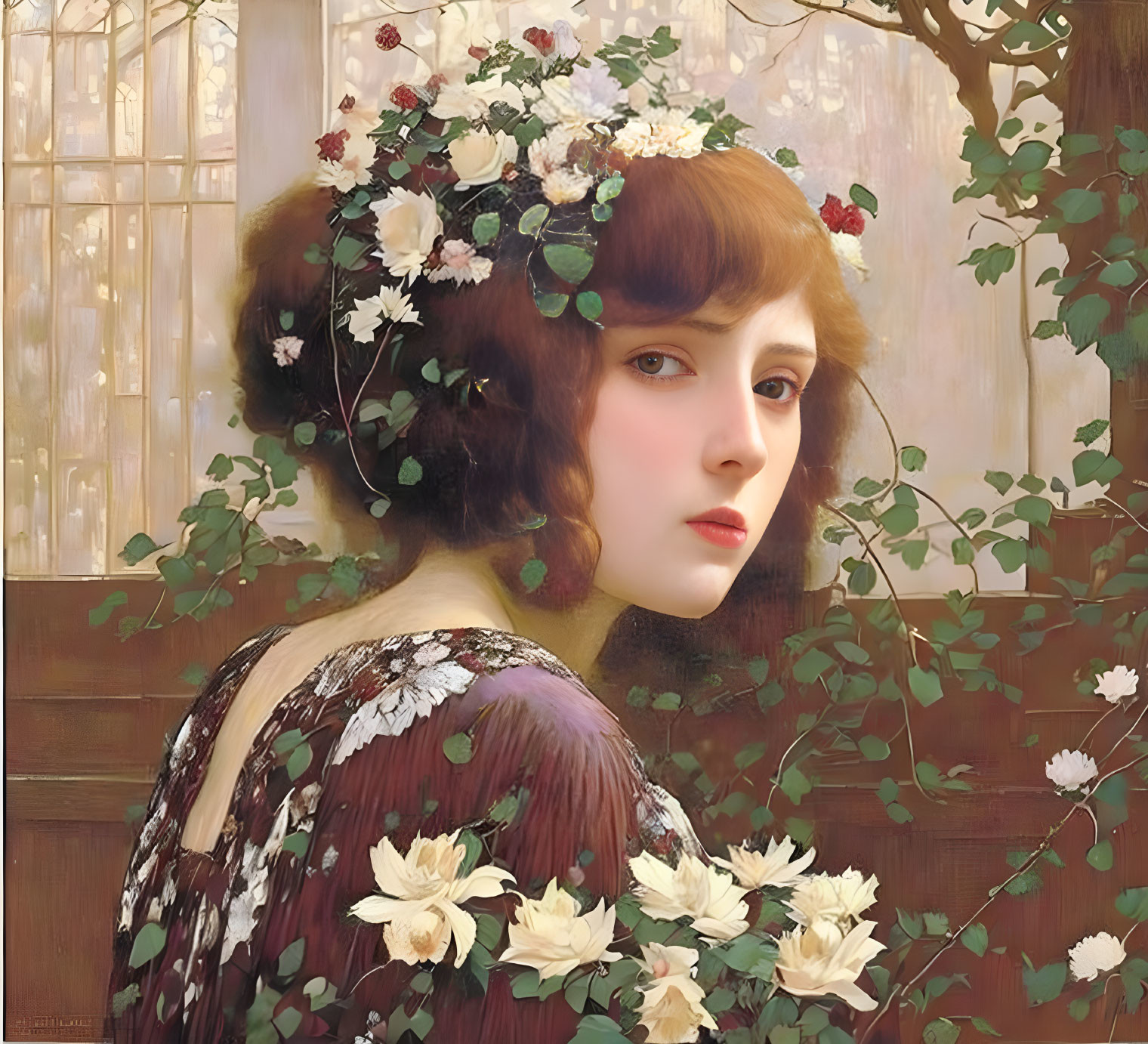 Woman with Flowers in Hair Among White Roses and Greenery