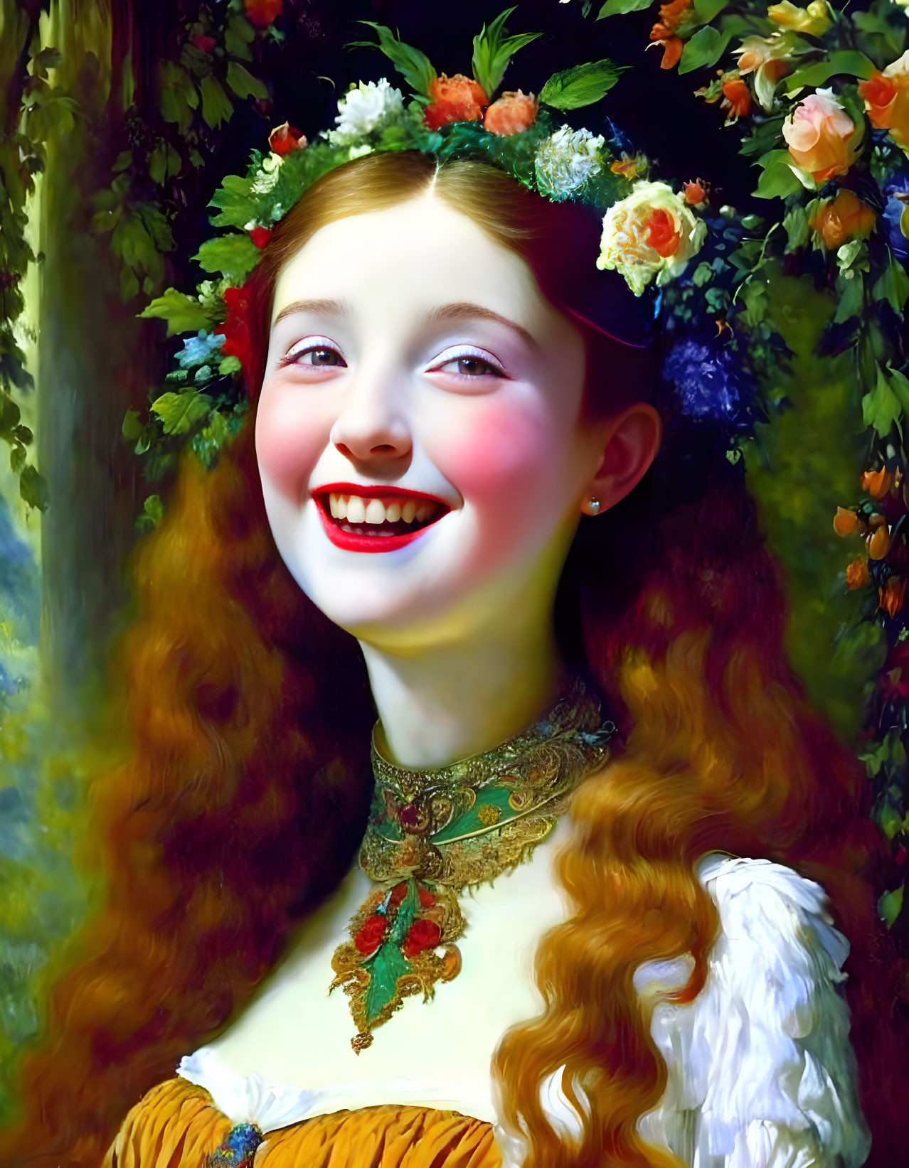 Smiling girl with red hair and floral wreath in lush garden portrait