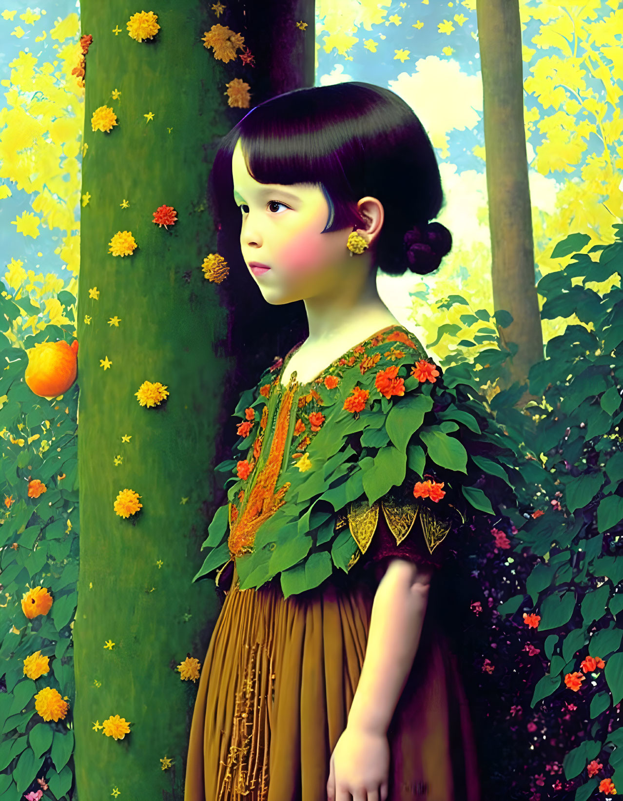 Young girl in leafy dress in vibrant garden